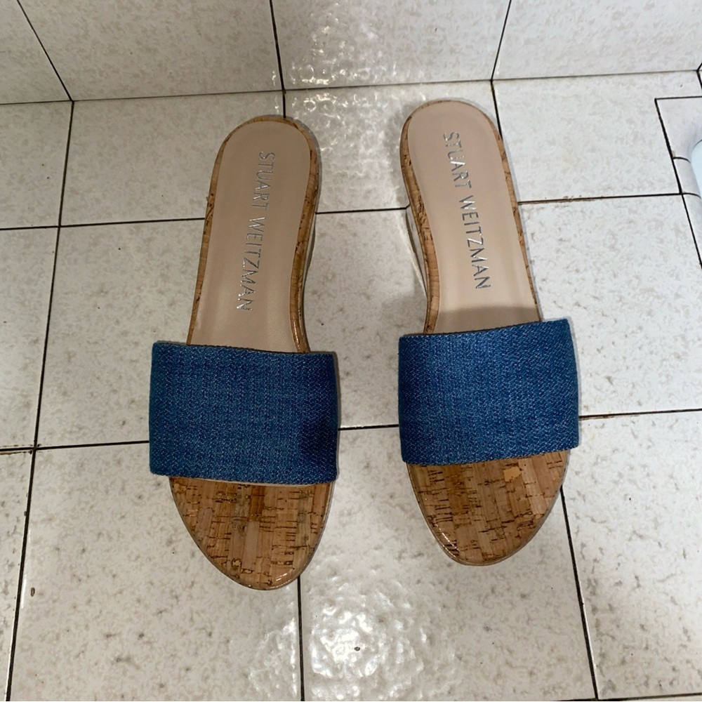 Stuart Weitzman Summer Denim Wedge Cork Sandals size 9
